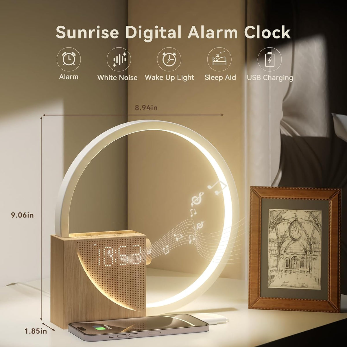 Bedroom Alarm Clock with Sunrise, Sound Machine, Nightlight