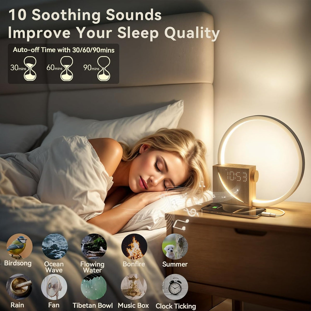 Bedroom Alarm Clock with Sunrise, Sound Machine, Nightlight